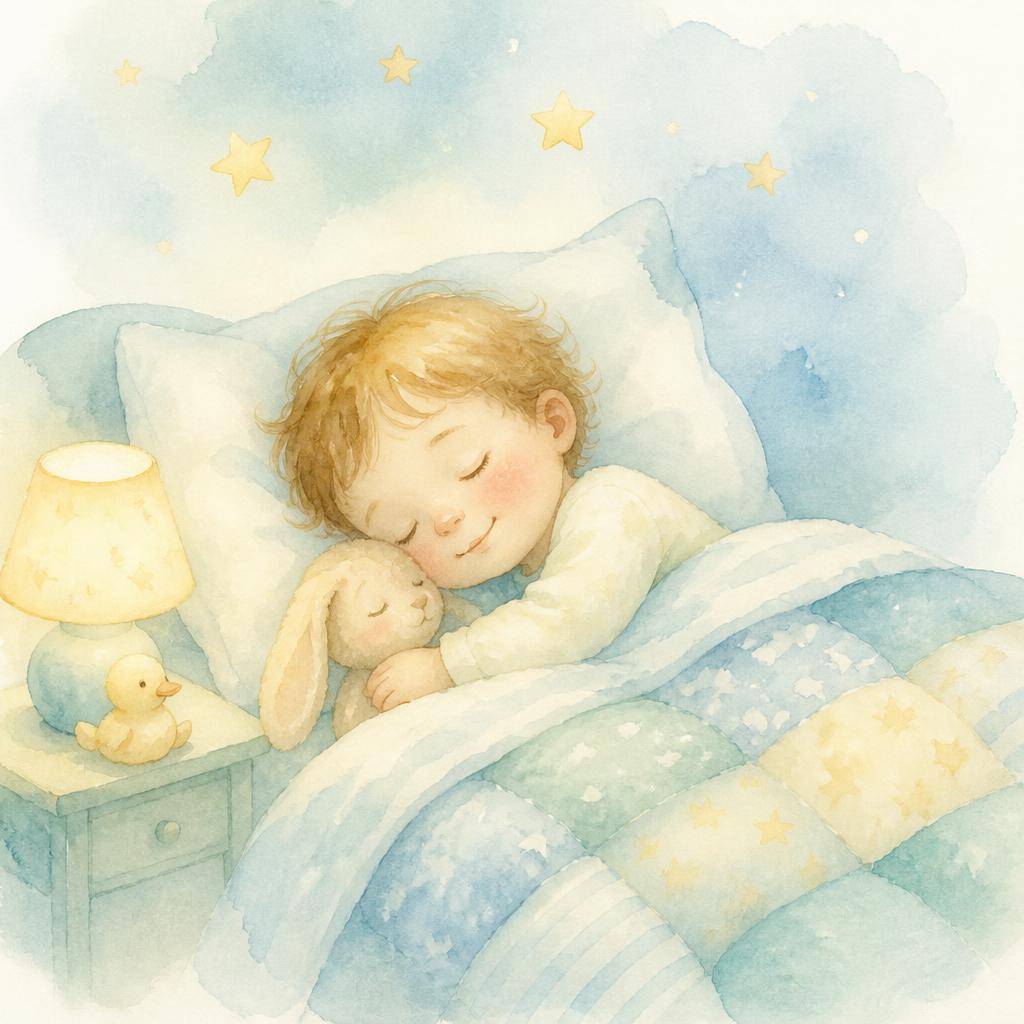 Soft watercolour illustration of a sleepy child tucked in bed beneath floating stars