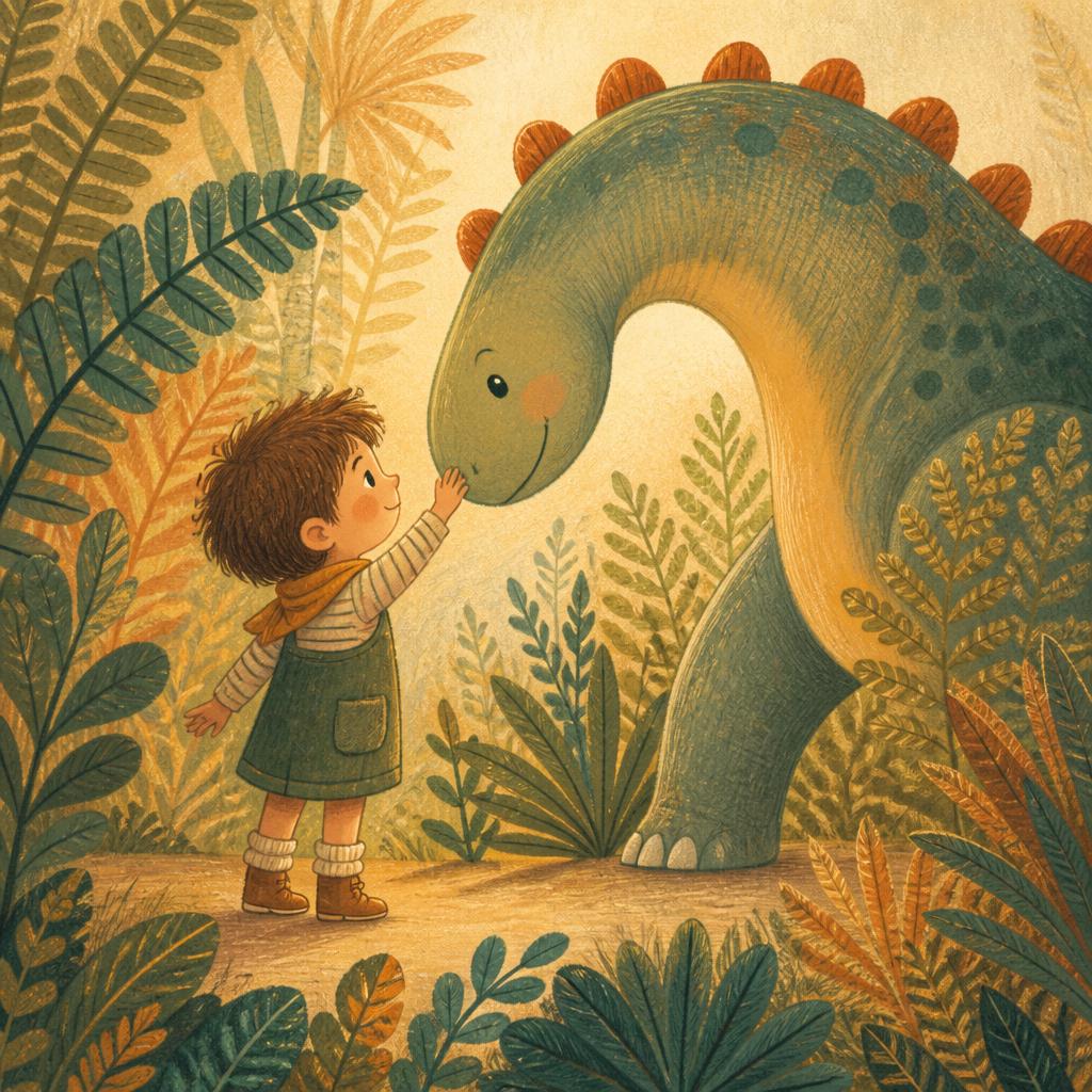 Cosy gouache illustration of a child meeting a gentle dinosaur among ferns