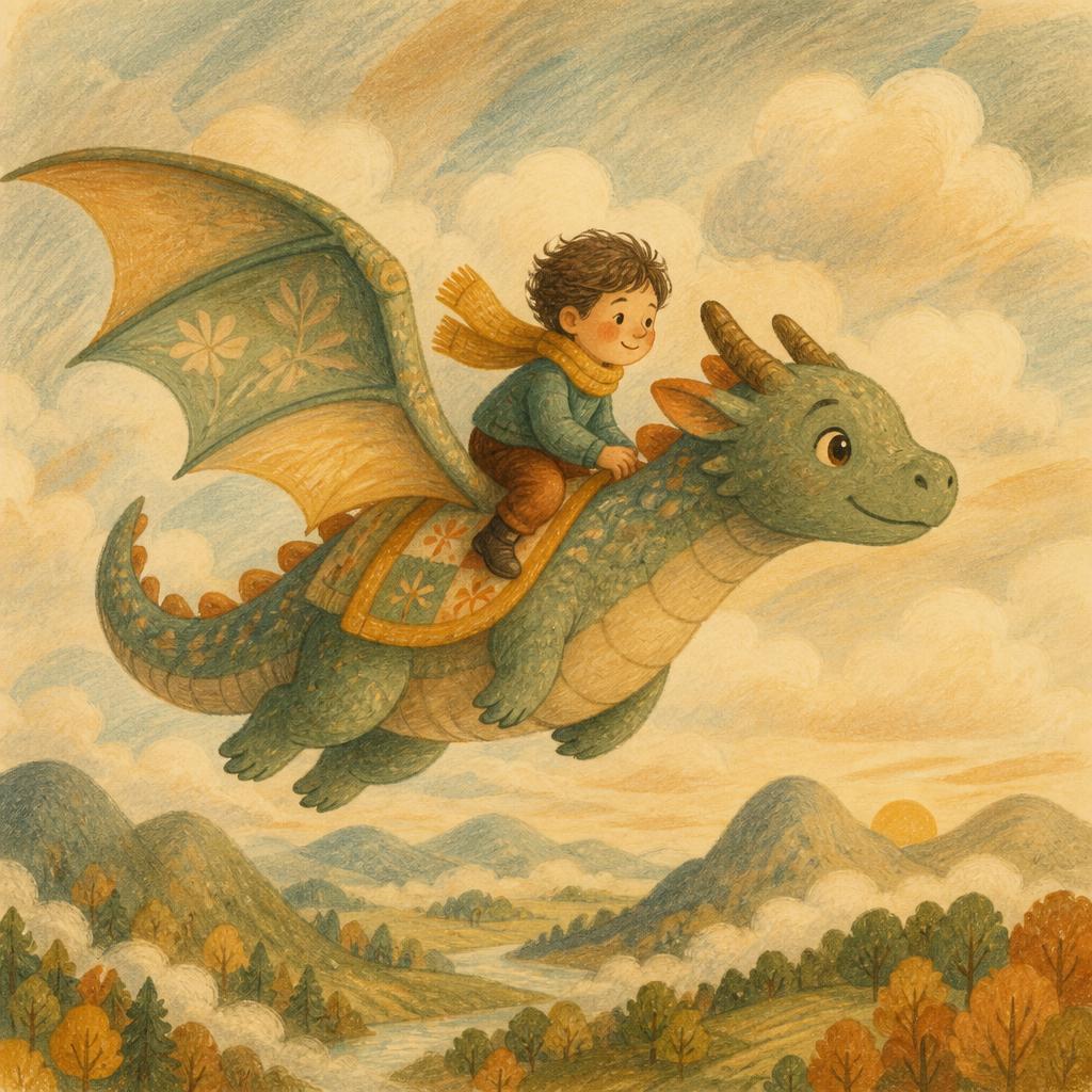Cosy gouache illustration of a child riding a friendly dragon above misty hills