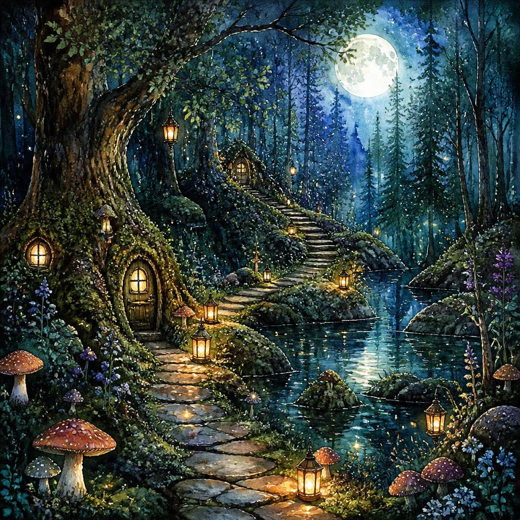 Watercolour illustration of a child on a glowing path in a magical forest with owls