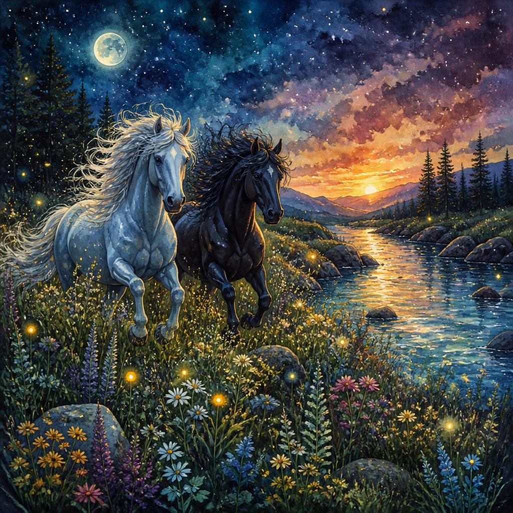 Watercolour illustration of a child brushing a gentle horse beside a barn