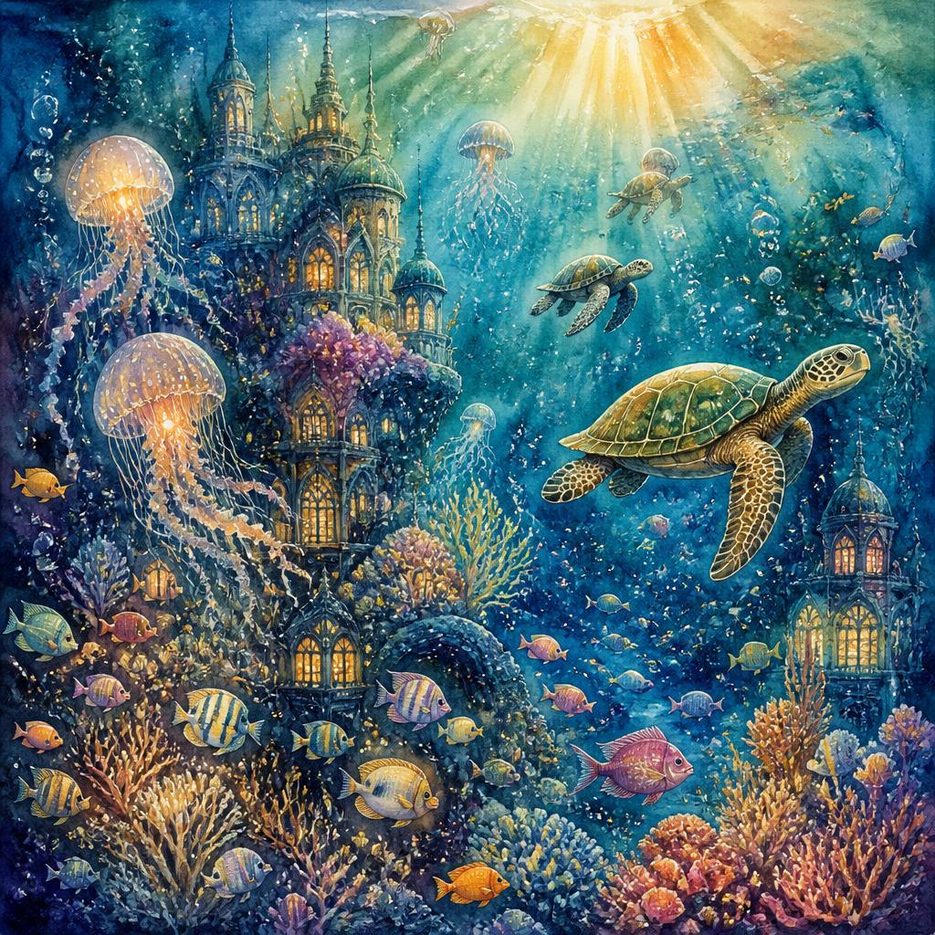 Watercolour illustration of a child swimming with a mermaid and glowing jellyfish