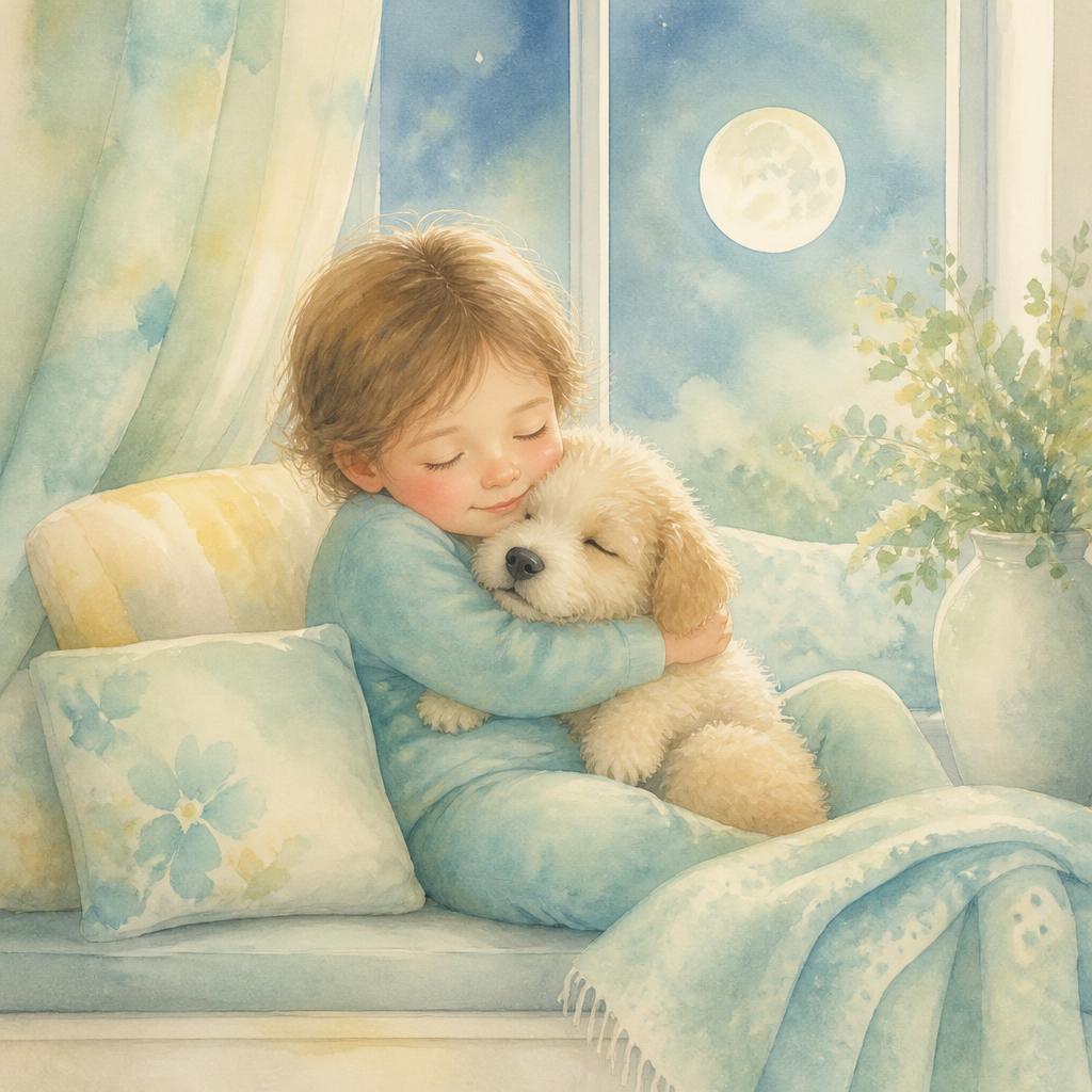Soft watercolour illustration of a child cuddling their puppy on a window seat