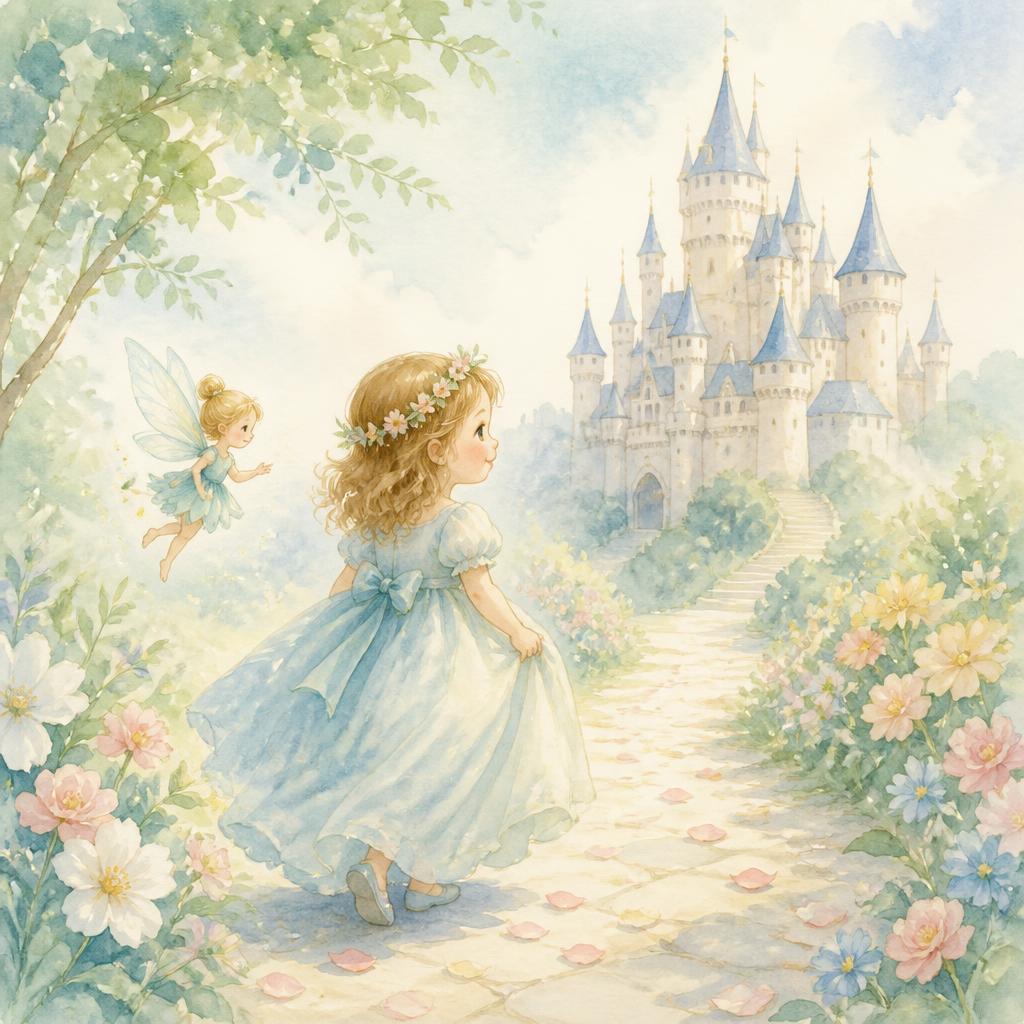 Soft watercolour illustration of a child in a gown walking to a fairytale castle with a fairy