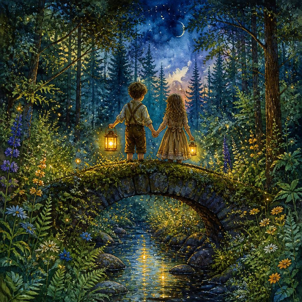Watercolour illustration of two siblings holding hands on a moonlit hillside with lanterns