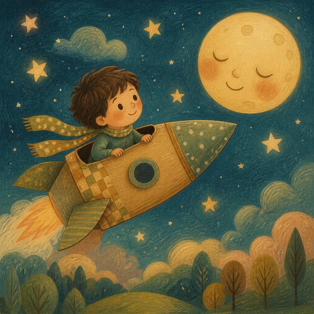 Cosy gouache illustration of a child in a cardboard rocket flying past a sleepy moon