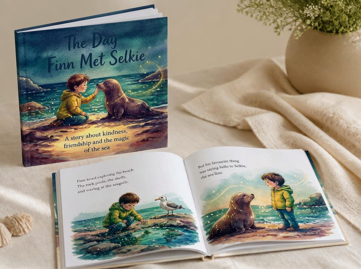 A printed softcover Dream Weaver Tales book standing beside a second copy lying open, showing two illustrated watercolour interior pages