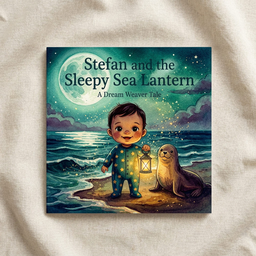 Sample printed softcover book: Stefán and the Sleepy Sea Lantern, watercolour cover of a small boy with a lantern beside a sea lion