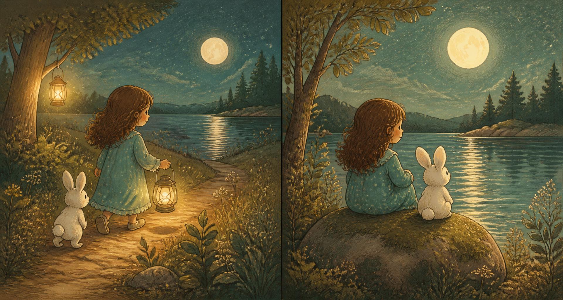 Cosy storybook two-page spread: a girl and her bunny beside a moonlit lake