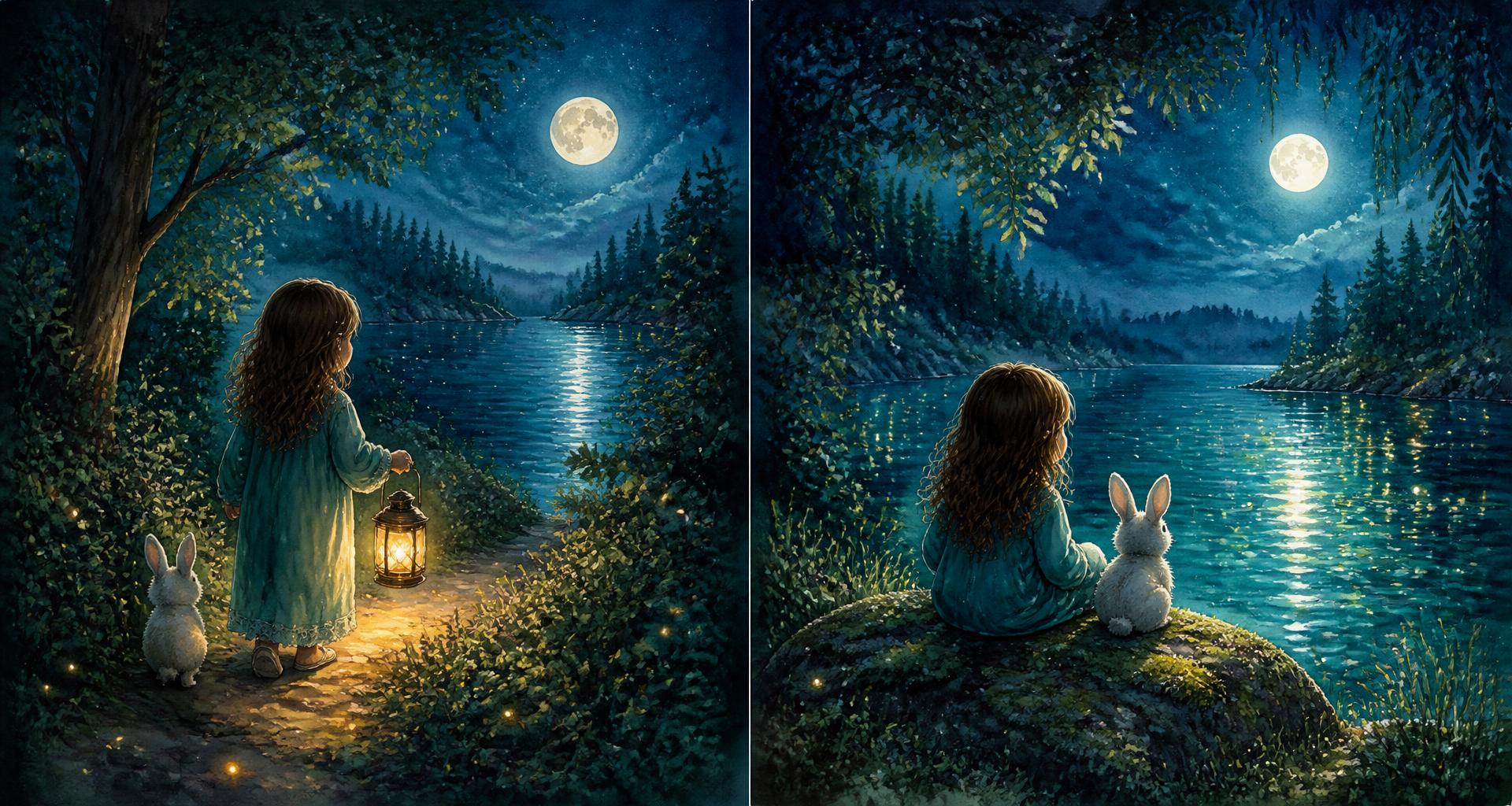 Dreamlit watercolour two-page spread: a girl and her bunny beside a moonlit lake