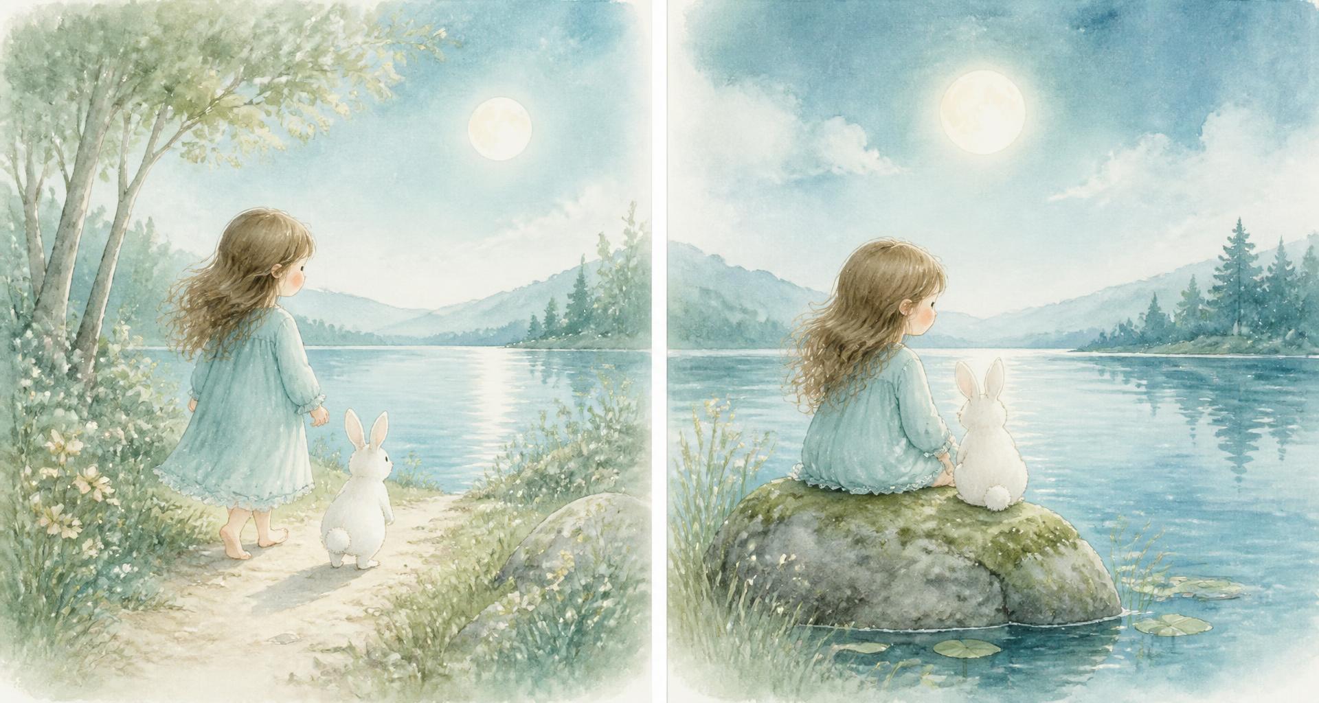 Soft & airy watercolour two-page spread: a girl and her bunny beside a moonlit lake