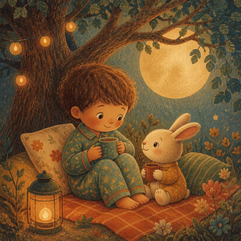 Cosy storybook illustration example: a child and a bunny under a moonlit tree