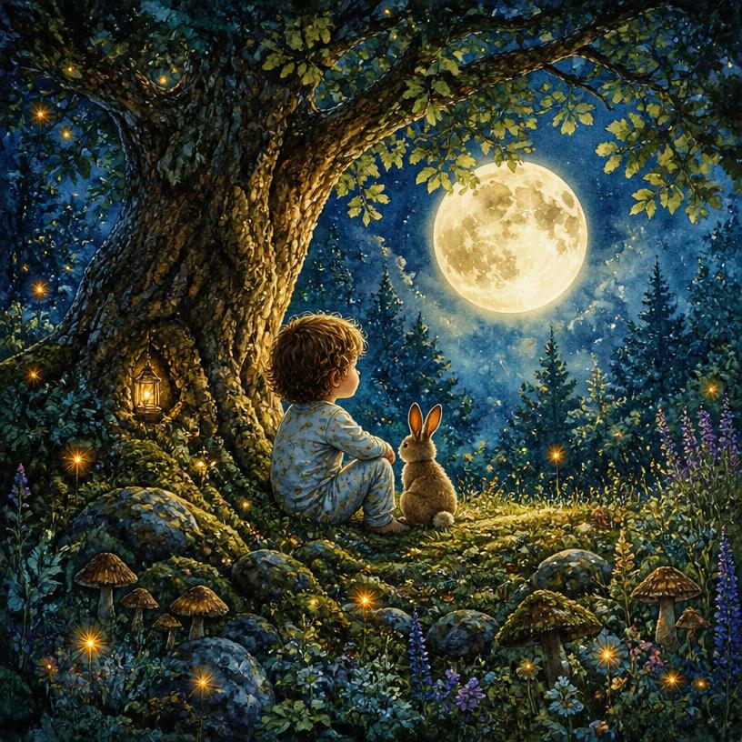 Dreamlit watercolour illustration example: a child and a bunny under a moonlit tree