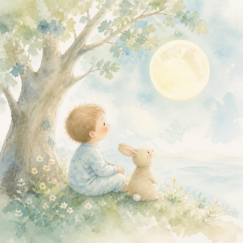 Soft & airy watercolour illustration example: a child and a bunny under a moonlit tree